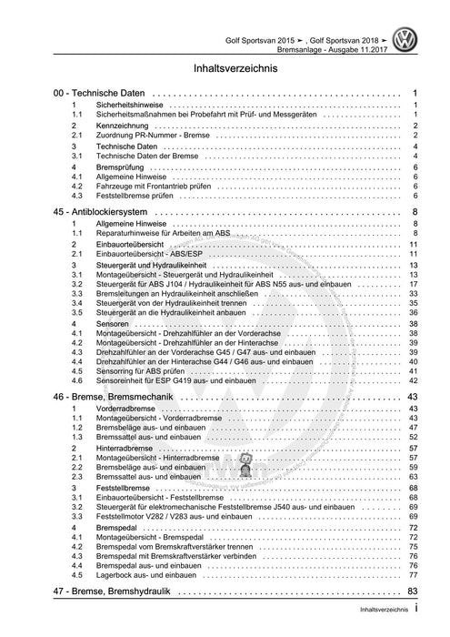 Golf VII (2013+2020)+Golf-Variant-Sportsvan Reparaturanleitung Bremsanlage