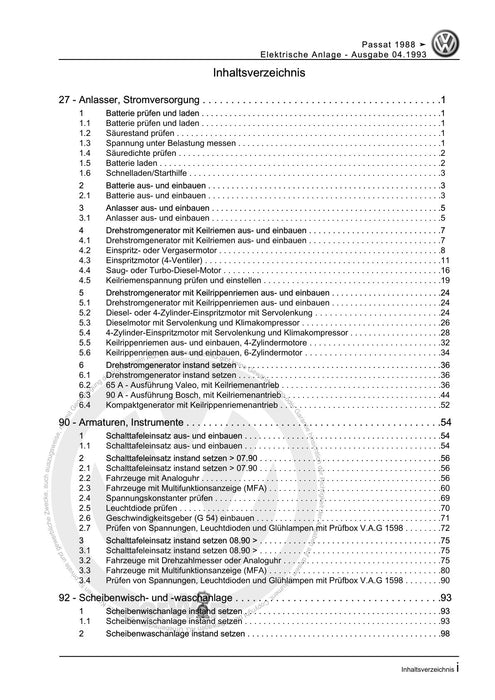 Passat (1988 - 1994) Passat-Passat Variant Reparaturanleitung Elektrische Anlage