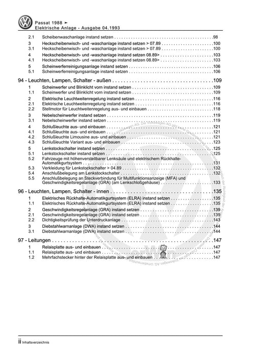Passat (1988 - 1994) Passat-Passat Variant Reparaturanleitung Elektrische Anlage