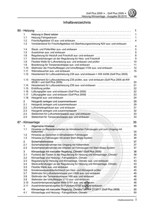 Golf V (2004 - 2007) Golf-Golf Variant-Golf Plus-Jetta Reparaturanleitung Heizung Klimaanlage