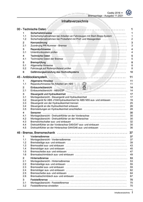 Caddy (2016 - 2020 ) Reparaturanleitung Bremsanlage