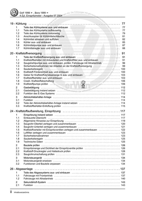 Golf IV (1998 - 2006) Golf-Golf Variant-Bora-Bora Variant Reparaturanleitung 4-Zyl. Einspritzmotor