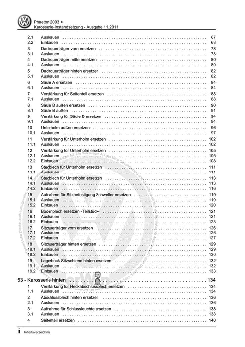 Phaeton (2001 - 2008) Reparaturanleitung Karosserie-Instandsetzung