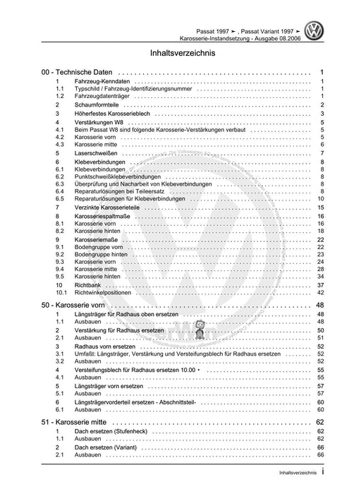 Passat (1997 - 2005) Passat-Passat Variant Reparaturanleitung Karosserie-Instandsetzung