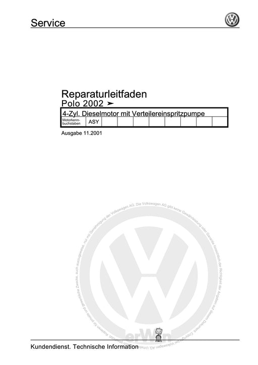 Polo (2005 - 2010) Polo Reparaturanleitung 4-Zyl. Dieselmotor mit Verteilereinspritzpumpe