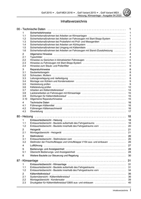 Golf VII (2013+2020)+Golf-Variant-Sportsvan Reparaturanleitung Heizung, Klimaanlage