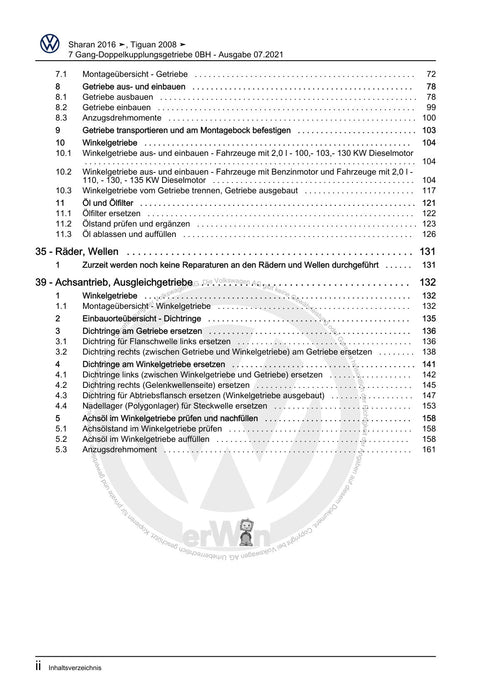 Tiguan (2008+) Reparaturanleitung 7 Gang-Doppelkupplungsgetriebe 0BH