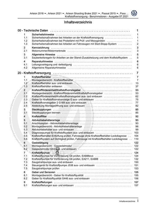 Passat (2011+) Passat-Passat Variant Reparaturanleitung Kraftstoffversorgung - Benzinmotoren