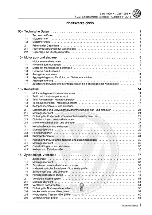Golf IV (1998 - 2006) Golf-Golf Variant-Bora-Bora Variant Reparaturanleitung 4-Zyl. Einspritzmotor (Erdgas)