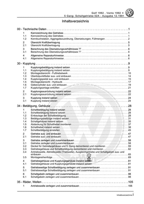 Golf III (1992 - 1999) Golf-Golf Variant-Vento Reparaturanleitung 5 Gang- Schaltgetriebe 02A