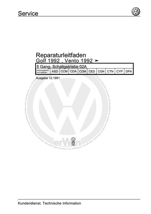 Golf III (1992 - 1999) Golf-Golf Variant-Vento Reparaturanleitung 5 Gang- Schaltgetriebe 02A