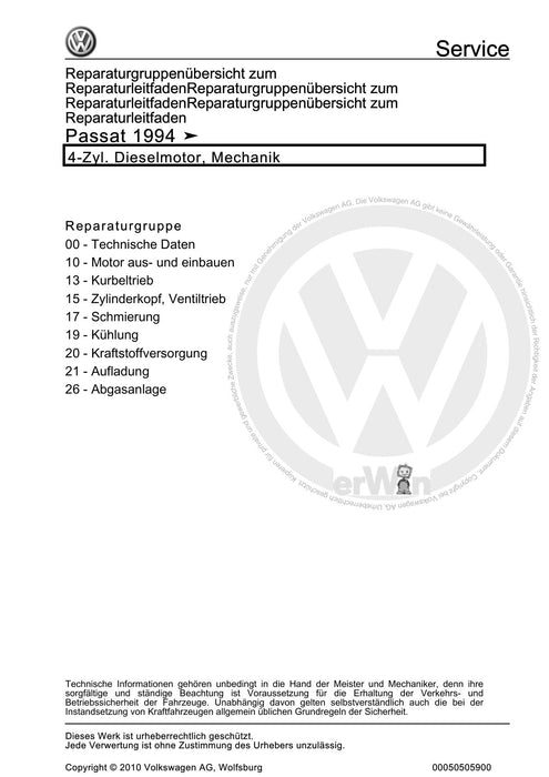 Passat (1994 - 1997) Passat-Passat Variant Reparaturanleitung 4-Zyl. Dieselmotor, Mechanik