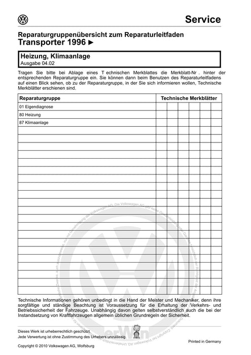 Transporter (1996 - 2003) Reparaturanleitung T4 Heizung-Klimaanlage