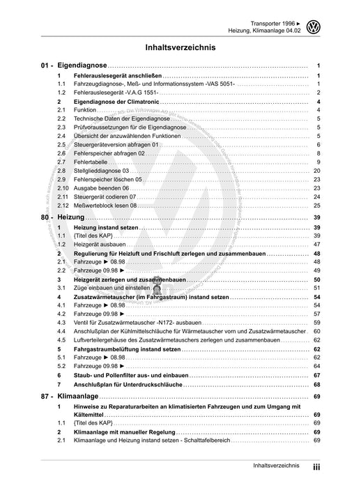 Transporter (1996 - 2003) Reparaturanleitung T4 Heizung-Klimaanlage