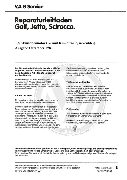 Golf I (1974 - 1984) Reparaturanleitung 1,8-l-Einspritzmotor (K- und KE-Jetronic, 4- Ventiler) KR,PL