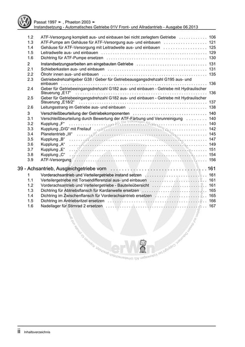 Phaeton (2001 - 2008) Reparaturanleitung Instandsetzung - Automatisches Getriebe 01V Front- und Allradantrieb