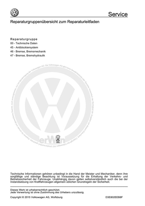 Touran (2003 - 2015) Reparaturanleitung Bremsanlagen