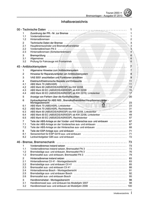 Touran (2003 - 2015) Reparaturanleitung Bremsanlagen
