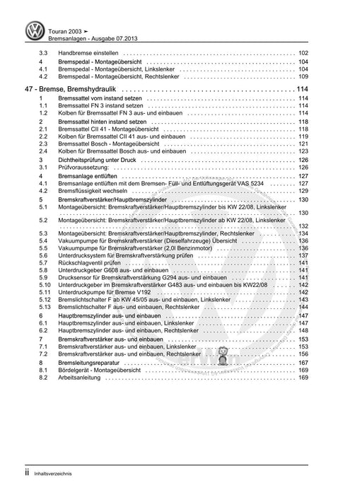 Touran (2003 - 2015) Reparaturanleitung Bremsanlagen
