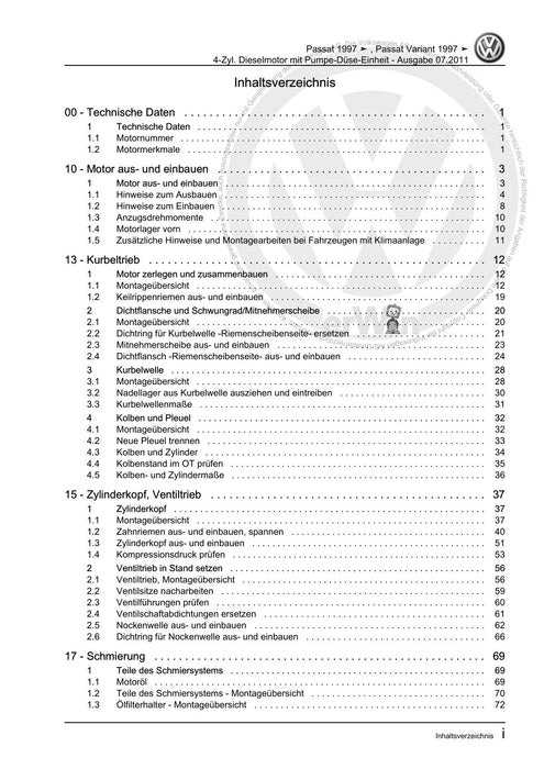 Passat (1997 - 2005) Passat-Passat Variant Reparaturanleitung 4-Zyl. Dieselmotor mit Pumpe-Düse-Einheit