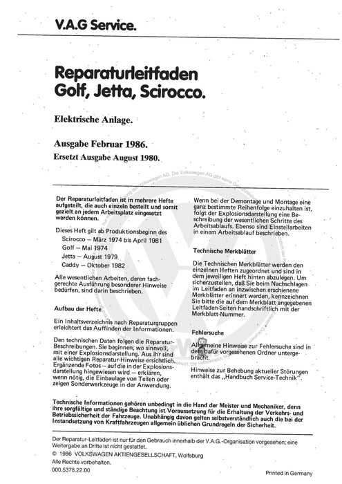 Golf I (1974 - 1984) Reparaturanleitung Elektrische Anlage