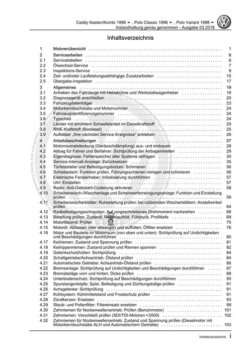 Caddy (1996 - 2003) Caddy Kasten-Kombi Maintenance handbook (IGG) Instandhaltung genau genommen