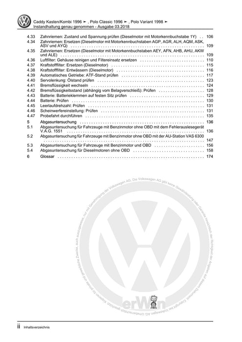 Caddy (1996 - 2003) Caddy Kasten-Kombi Maintenance handbook (IGG) Instandhaltung genau genommen