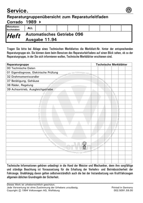 Corrado (1988 - 1995) Reparaturanleitung Automatisches Getriebe 096 APB APC CBY CFA CFB CFC CFF CFH