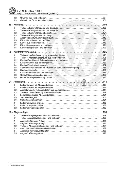 Golf IV (1998 - 2006) Golf-Golf Variant-Bora-Bora Variant Reparaturanleitung 4-Zyl. Dieselmotor, Mechanik (Mexico)