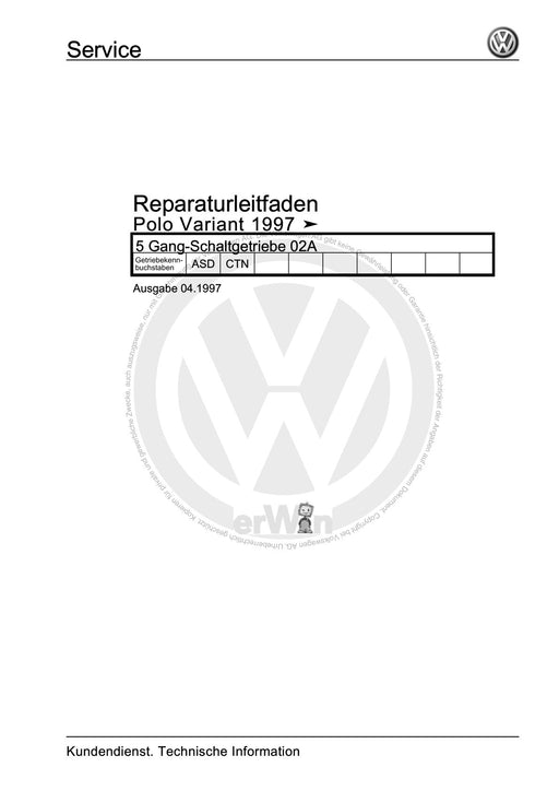 Polo (1995 - 2002) Polo Reparaturanleitung 5 Gang-Schaltgetriebe 02A