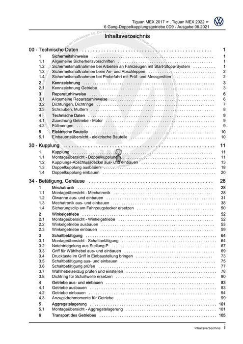 Tiguan (2008+) Reparaturanleitung 6 Gang-Doppelkupplungsgetriebe 0D9