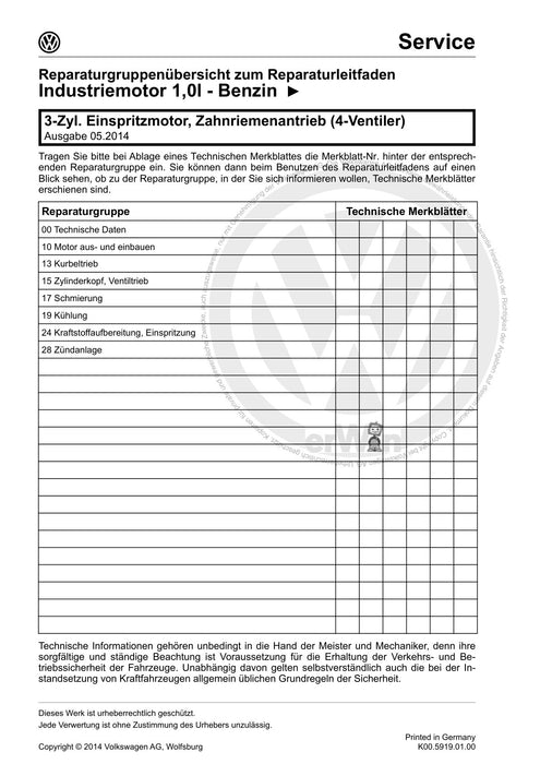 Industriemotoren - Industrial Engines (IM) Reparaturanleitung 3-Zyl. Einspritzmotor, Zahnriemenantrieb (4-Ventiler)CZKA