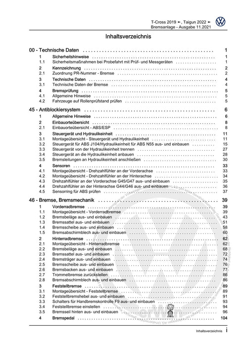 T-Cross (2019+) Reparaturanleitung Bremsanlage