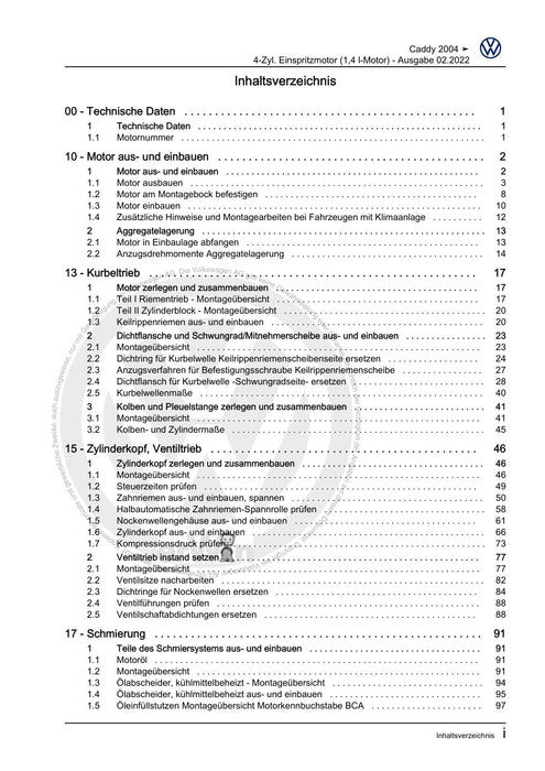 Caddy (2004 - 2010) Caddy-Caddy Kombi Reparaturanleitung 4-Zyl. Einspritzmotor (1,4 l-Motor)