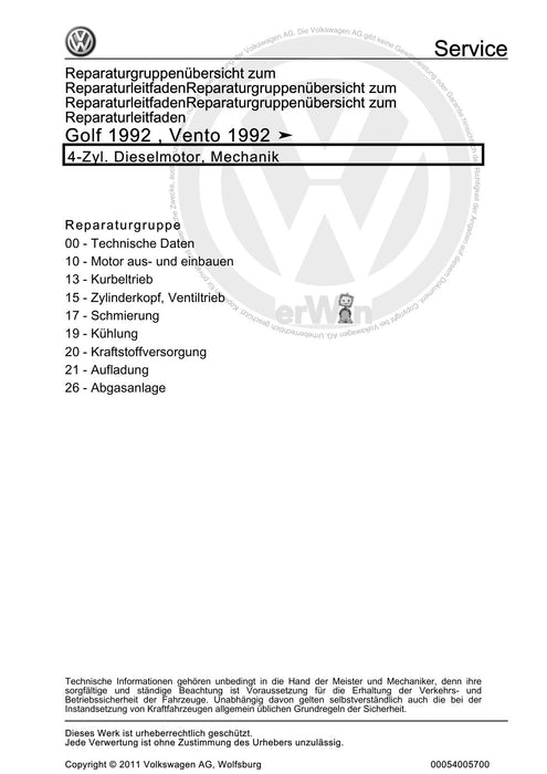 Golf III (1992 - 1999) Golf-Golf Variant-Vento Reparaturanleitung 4-Zyl. Dieselmotor, Mechanik