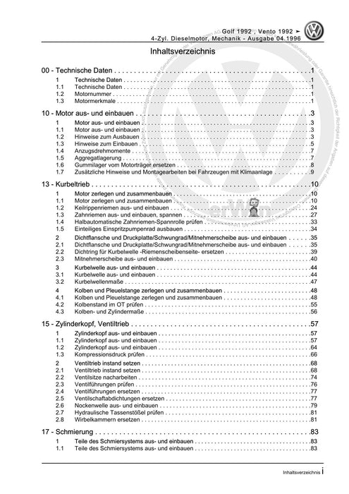 Golf III (1992 - 1999) Golf-Golf Variant-Vento Reparaturanleitung 4-Zyl. Dieselmotor, Mechanik