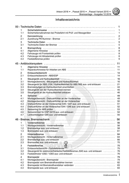 Arteon (2018 - 2020) Reparaturanleitung Bremsanlage