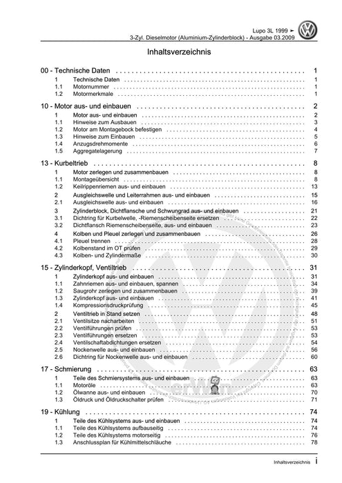 Lupo (1998 - 2006) Reparaturanleitung 3-Zyl. Dieselmotor (Aluminium-Zylinderblock)