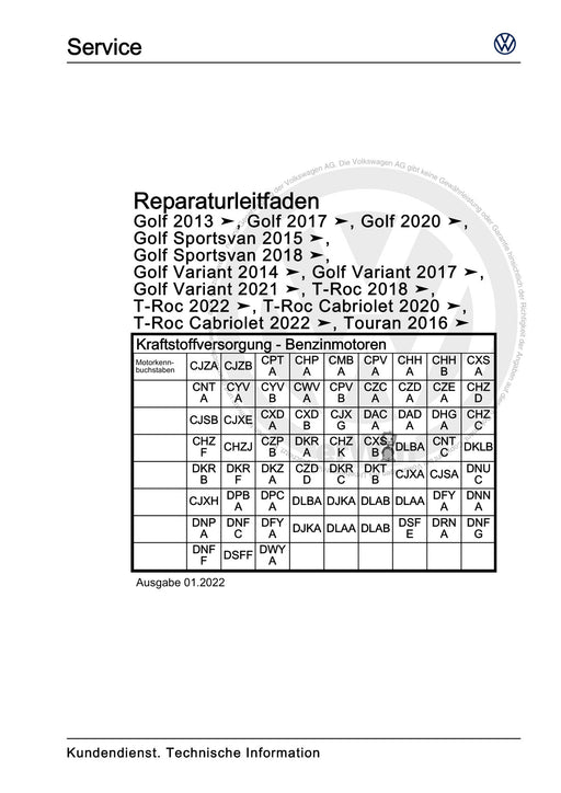 T-Roc (2018 - 2022) Reparaturanleitung Kraftstoffversorgung - Benzinmotoren