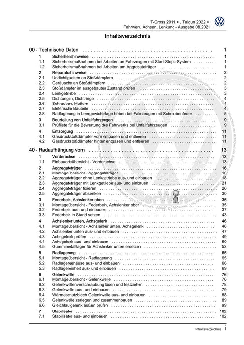 T-Cross (2019+) Reparaturanleitung Fahrwerk, Achsen, Lenkung