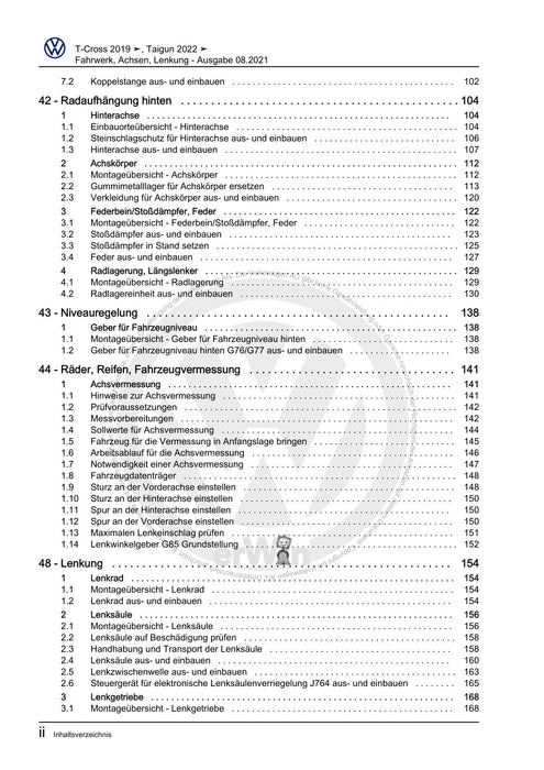 T-Cross (2019+) Reparaturanleitung Fahrwerk, Achsen, Lenkung
