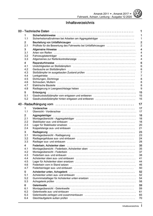 Amarok (2011+) Reparaturanleitung Fahrwerk, Achsen, Lenkung