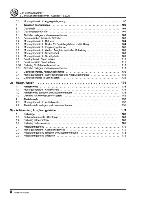 Golf VII (2013+2020)+Golf-Variant-Sportsvan Reparaturanleitung 5 Gang Schaltgetriebe 0AH