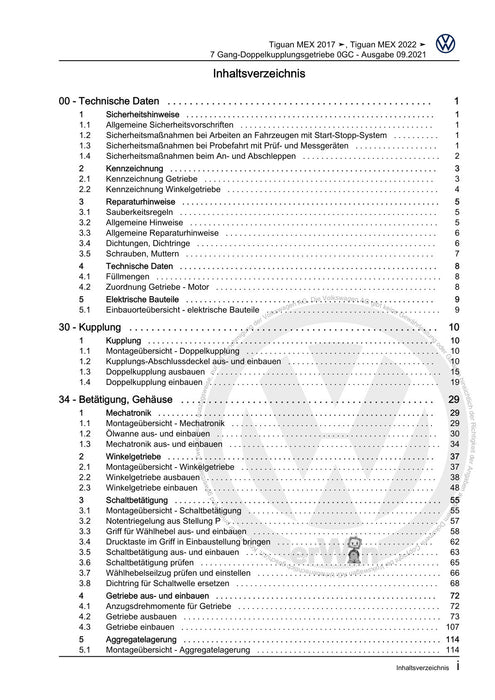 Tiguan (2008+) Reparaturanleitung 7 Gang-Doppelkupplungsgetriebe 0GC