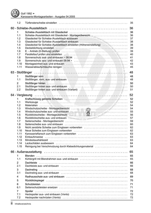Golf III (1992 - 1999) Golf-Golf Variant-Vento Reparaturanleitung Karosserie-Montagearbeiten