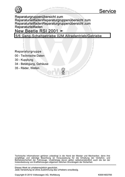 Beetle (1998 - 2010) New Beetle-Cabrio Reparaturanleitung 5-6 Gang-Schaltgetriebe 02M Allradantrieb-Getriebe