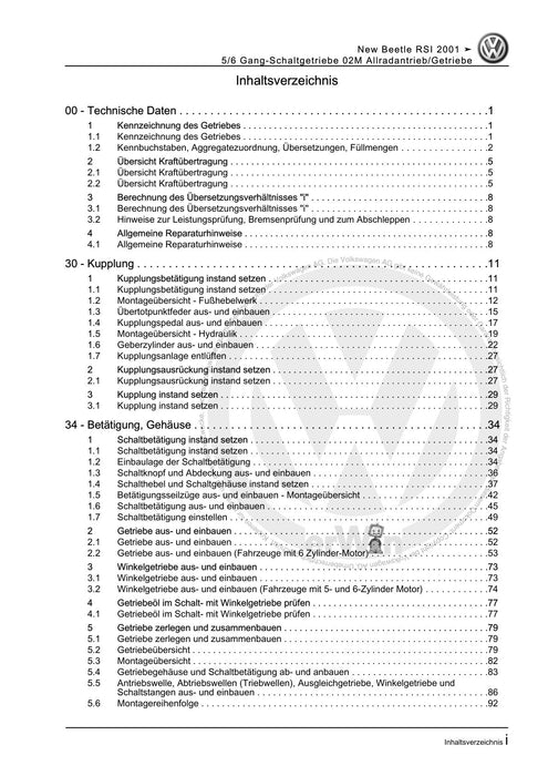 Beetle (1998 - 2010) New Beetle-Cabrio Reparaturanleitung 5-6 Gang-Schaltgetriebe 02M Allradantrieb-Getriebe