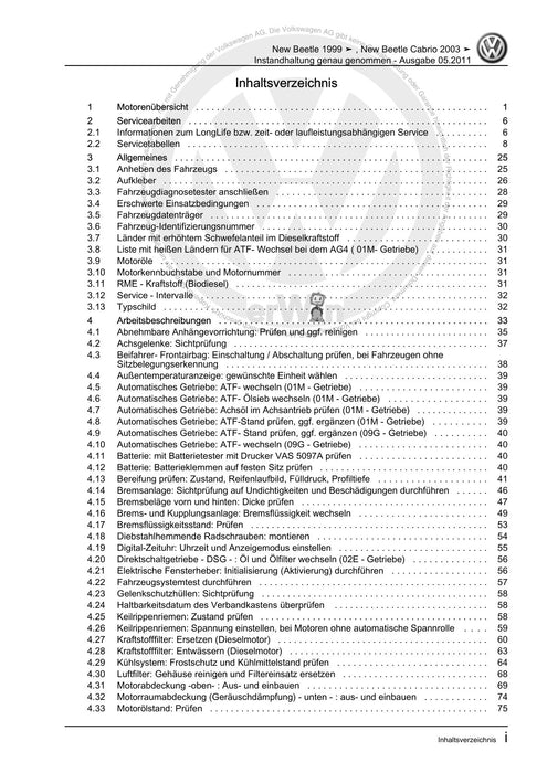 Beetle (1998 - 2010) New Beetle-Cabrio Maintenance handbook (IGG) Instandhaltung genau genommen