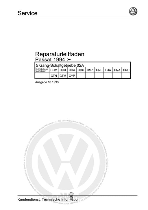 Passat (1994 - 1997) Passat-Passat Variant Reparaturanleitung 5 Gang-Schaltgetriebe 02A