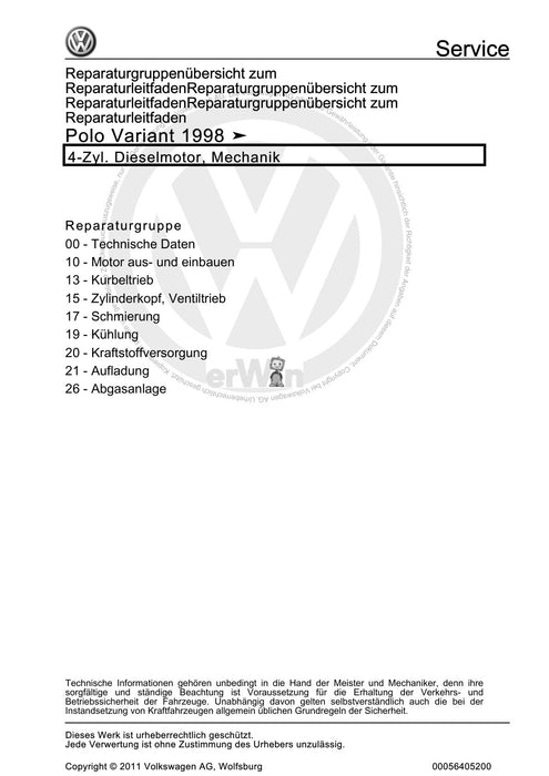 Caddy (1996 - 2003) Caddy Kasten-Kombi Reparaturanleitung 4-Zyl. Dieselmotor, Mechanik